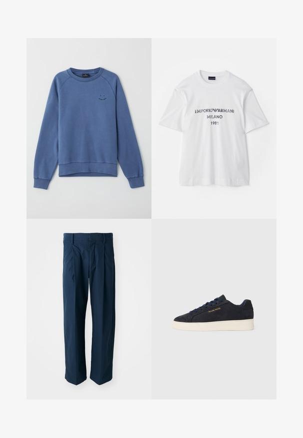 Maglione di cotone blu con maniche raglan, polsini e orlo a costine, caratterizzato da una grafica di un sorriso verde sul petto. Texture morbida.; T-shirt bianca in cotone a maniche corte, con la scritta "EMPORIO ARMANI MILANO 1981" in caratteri grigio scuro e un logo. Design classico con collo a giro.; Pantaloni blu navy realizzati in cotone, con una vestibilità comoda, pieghe frontali e vita piatta con passanti per cintura.; Sneaker bassa in suede blu navy con suola bianca, lacci blu navy e logo "Filling Pieces" in oro sul lato.