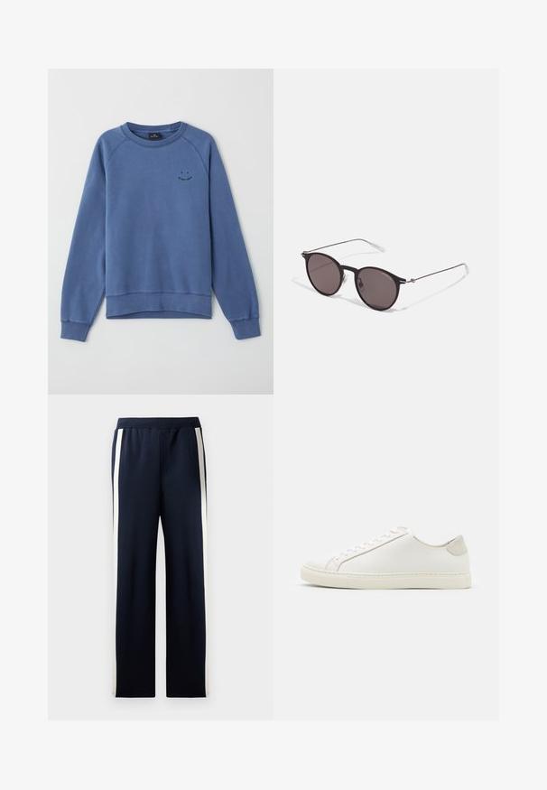 Kék pamut pulóver, raglan ujjal, bordás mandzsettával és aljjal, zöld mosolygó arc grafikával a mellkasán. Puha tapintás.; Tengerészek színű, széles lábbetétű melegítőnadrág, az oldalán függőleges krémszínű csíkkal. Puha, texturált anyagból készült, elasztikus derékrésszel.; Fehér bőr sneaker sima felülettel, kerek orral és minimalista dizájnnal. Bézs kiemelésekkel a sarokon és gumitalppal rendelkezik.; Fekete kerek napszemüveg sötét lencsékkel és karcsú fém szárakkal. Átlátszó szárvégeket és ezüst részleteket tartalmaz az ívnél. Minimalista dizájn.