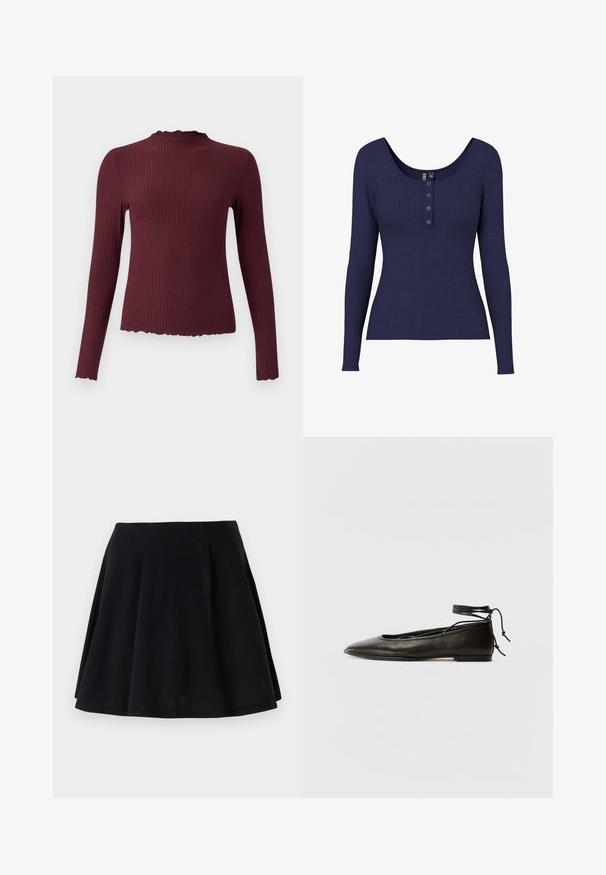 Burgunderfarbener Langarm-Top, gerippte Textur, hoher Kragen mit gewelltem Rand, taillierte Form, weicher Stoff und leicht gekürzter Saum.; Navyblaue, gerippte Langarmbluse mit runder Ausschnittform und einer Knopfleiste, die in der Mitte drei metallische Knöpfe aufweist.; Schwarzer Baumwollrock mit schwingendem Schnitt, der Falten im Taillenbereich und eine glatte Textur aufweist. Geeignet für legere Anlässe.; Schwarze Leder-Ballerinas mit spitzem Zehenbereich, Knöchelband und flacher Sohle, die eine glatte Textur und ein minimalistisches Design aufweisen.
