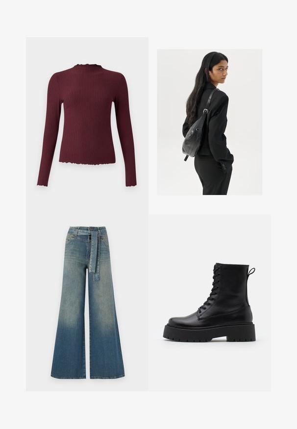 Burgundy long-sleeve top, ribbed texture, high neck with scalloped edge, fitted shape, soft fabric, and slightly cropped hem.; Wide-leg denim trousers featuring a light to dark blue gradient, high waist, belt loops, and a matching fabric belt. Textured denim finish.; Black leather ankle boots with a round toe, lace-up front, and a thick rubber sole featuring a textured tread. Pull tab at the back.; Woman with long dark hair wearing a black suit, carrying a black leather shoulder bag, looking over her shoulder against a white background.