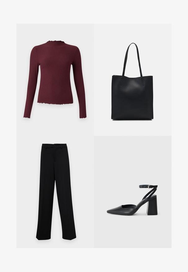 Burgundi hosszú ujjú felső, bordázott textúrával, magas nyakkal és hullámos széllel, testhez simuló fazonnal, puha anyagból és enyhén rövidített hemével.; Fekete, széles szárú nadrág sima anyagból, klasszikus derékrésszel, gombzárral és elülső redőkkel.; Fekete bőr, hegyes orrú magassarkú cipő boka pánttal és vastag sarokkal. Sima textúra, elegáns dizájn és minimális esztétika.; Fekete bőrtáska sima felszínnel, téglalap alakú, két hosszú füllel. Nincs látható fémkiegészítő vagy díszítés.