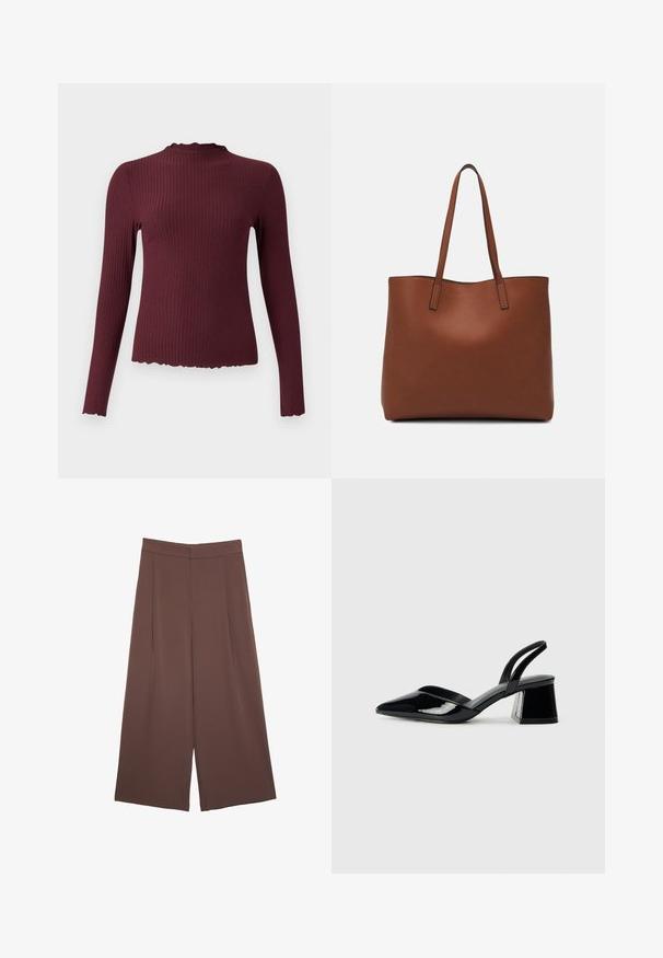 Top a maniche lunghe borgogna, texture a costine, collo alto con bordo scallop, forma aderente, tessuto morbido e orlo leggermente cropped.; Pantaloni ampi marroni con una texture liscia, caratterizzati da una vita alta e pieghe frontali. Il tessuto è leggero e scorre liberamente.; Décolleté in vernice nera con punta affusolata e tacco in geometria cubica. Presentano un design elegante e minimalista, con una texture liscia.; Borsa tote in pelle marrone con texture liscia, design con apertura superiore e due spallacci. Presenta cuciture minime e nessun hardware visibile.