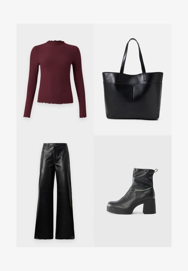Burgundy pitkähihaine paita, ribbauskangas, korkeakaula-auko, jossa on lievästi aaltoileva reuna, tiukka malli, pehmeä kangas ja hieman lyhyt helma.; Mustat korkeat leveät keinonahkahousut, joissa on etupainike, vetoketjukiinnitys, vyölenkit ja sivutaskut valkoista taustaa vasten.; Mustat nilkkurit, jotka on valmistettu sileästä nahasta. Niissä on sivuvetoketju, paksu teksturoitu korko ja pyöristetty kärki.; Musta nahkainen kassi, jossa on kaksi pitkää kahvaa, sileä pinta ja jämäkkä muoto. Sisältää etutaskun lisävarastointia varten.