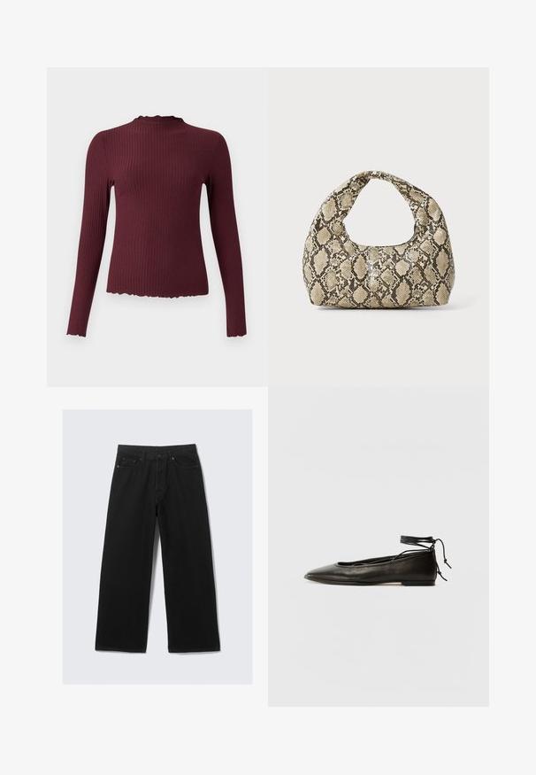 Bordeaux langærmet top, ribbet tekstur, høj hals med bølget kant, tætsiddende form, blødt stof og let cropped kant.; Sorte brede bukser lavet af denim, med et klassisk fem-lomme design og en struktureret talje med bæltestropper.; Sorte læder ballerinaer med spids tå, ankelbinding og flad sål, der har en glat tekstur og minimalistisk design.; Slangeprint håndtaske med et buet håndtag. Lavet af strukturerede, beige og brune materialer, med et karakteristisk diamantmønster.