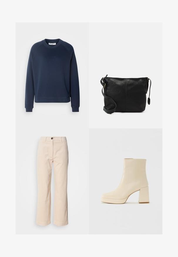 Granatowa bluza z długimi rękawami raglanowymi, okrągłym dekoltem i ściągaczami na mankietach. Tkanina o fakturze oraz subtelne logo z przodu.; Beżowe spodnie z korduroju o prostych nogawkach, z przodu z zapięciem na guzik i bocznymi kieszeniami, widoczne na białym tle.; Beżowe skórzane botki za kostkę na niskim obcasie z platformą, o gładkim wykończeniu i lekko kwadratowym nosku, skierowane w lewo na białym tle.; Czarna skórzana torba na ramię o płaskim kształcie, z złotymi akcentami i regulowanym paskiem. Gładka tekstura z minimalnymi detalami przeszycia.