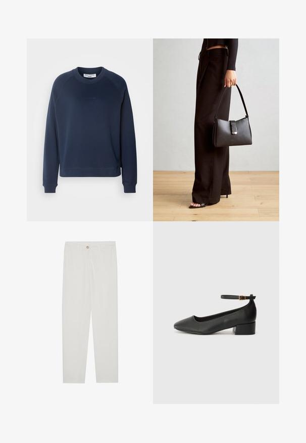 Marineblauwe sweatshirt met lange raglanmouwen, ronde hals en geribbelde manchetten. Gelaagd stof en subtiele logo op de voorkant.; Witte, op maat gemaakte broek met een rechte pijpdesign, featuring een knoopsluiting, riemlussen en zijzakken; gladde stoftextuur.; Zwarte leren pump met een spitse neus en een lage blokhak. Beschikt over een enkelband met een goudkleurige gespsluiting. Gladde textuur.; Zwarte handtas met gestructureerde vorm, gladde textuur en een metalen sluiting. Gecombineerd met brede zwarte broeken en sandalen met open teen op een houten vloer.