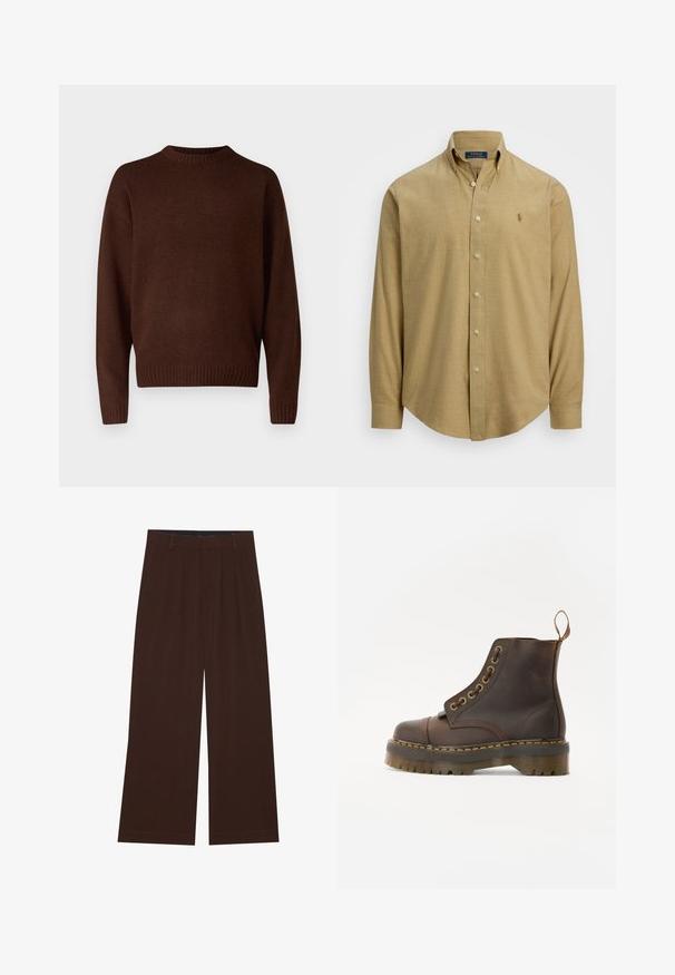 Brązowy sweter dzianinowy z okrągłym dekoltem, długimi rękawami i ściągaczami. Materiał jest teksturowany, co nadaje mu miękki wygląd.; Jasnobrązowa, długosleeve koszula z guzikami i kołnierzykiem, wykonana z teksturowanej tkaniny. Posiada małe logo na klatce piersiowej.; Brązowe spodnie szerokie z plisami. Wykonane z gładkiego materiału, z dopasowanym pasem i kieszeniami bocznymi. Prosty zakład na dole.; Brązowy skórzany botek do kostki z okrągłym noskiem, kontrastującym żółtym przeszyciem, dekoracyjnymi metalowymi oczkami i żłobioną gumową podeszwą.