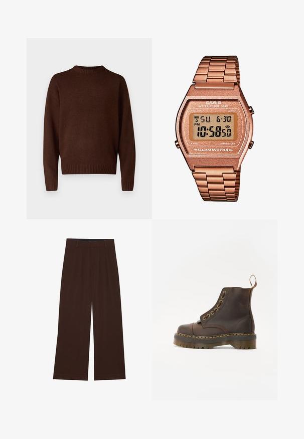 Brauner gestrickter Pullover mit rundem Ausschnitt, langen Ärmeln und gerippten Bündchen. Das Material hat eine strukturierte Oberfläche, die weich aussieht.; Braune weite Hosen mit Falten. Aus einem glatten Stoff gefertigt, mit einem taillierten Bund und seitlichen Taschen. Flacher Saum am Boden.; Braune Leder-Ankleboots mit runder Spitze, kontrastierenden gelben Nähten, dekorativen Metallösen und rutschfester Gummisohle.; Digitaluhr von Casio mit einem roségoldenen Metallarmband, rechteckigem Gehäuse, beleuchtetem Display und Wasserfestigkeit, zeigt Uhrzeit und Datum an.