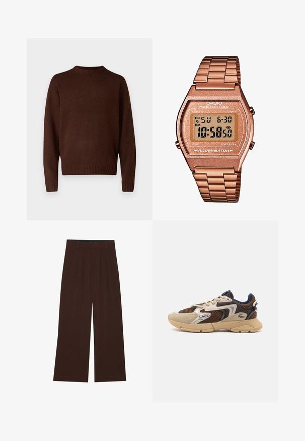Ruskea neulepaita, jossa on pyöreä kaula-aukko, pitkät hihat ja ribbaatut hihanpäät. Materiaali on teksturoitu, mikä antaa pehmeän ilmeen.; Ruske leve široke hlače z gubami. Narejene so iz gladkega blaga, z oblikovanim pasom in stranskimi žepi. Ravna obleka na dnu.; Beige ja pruun tennised tekstuursete võrgupaneelidega, sametised aktsendid ja kummist talla. Omab nöörimise disaini ja bränditud detaile.; Digitaalinen Casio-kello, jossa on ruusukultainen metalliranneke, suorakaiteen muotoinen kuori, valaistu näyttö ja vedenkestävyys, näyttää ajan ja päivämäärän.