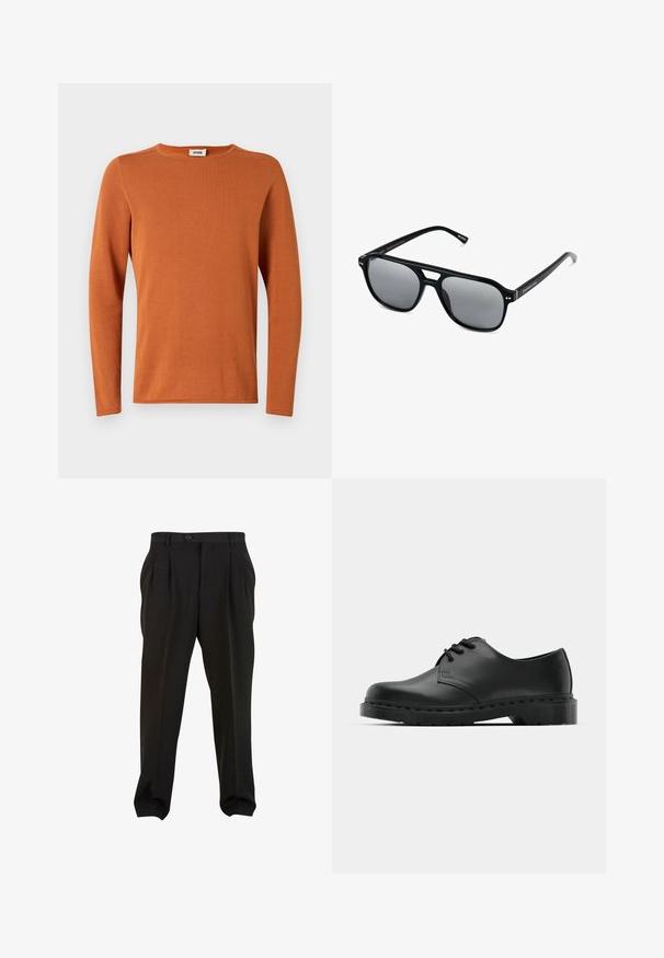 Langärmliges Crewneck-Shirt in einem verbrannten Orange, aus Rippstoff gefertigt. Glatte Textur mit minimalen Nahtdetails.; Schwarze Hose aus glattem Stoff mit Frontfalten, einem Knopfbund und schmal zulaufenden Knöchelbündchen. Klassische, taillierte Silhouette.; Schwarze Leder-Oxford-Schuhe mit Schnürdesign, runder Zehenform, flacher Gummisohle und subtilen Nähten entlang des oberen Teils.; Schwarze Sonnenbrille mit rechteckigen Rahmen, grauen getönten Gläsern und einer Aussparung im Nasensteg. Schlanker, glänzender Kunststoff, mit schmalen Bügeln.