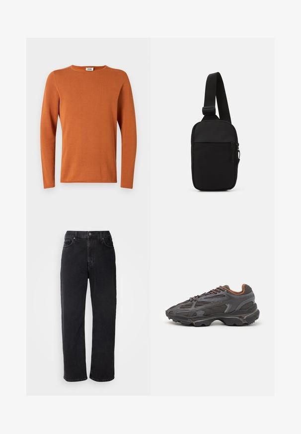 Long-sleeve crewneck shirt in a burnt orange color, made from ribbed fabric. Smooth texture with minimal stitching details.; Black denim jeans with a straight cut, five pockets, and contrasting stitching. Features a button closure and belt loops on the waistband.; Lacoste sneakers in dark gray with mesh and synthetic material, featuring a textured sole and brown accents on the collar and branding.; Black crossbody bag made of durable fabric, featuring a single adjustable strap, a zippered main compartment, and a front pocket.