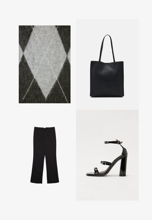 Pletená látka v sivej farbe s svetlosivým diamantom. Mäkká textúra s jemne chlpovým vzhľadom a kontrastným bielym šitím.; Čierne nohavice so strihom rovného strihu, s prednými vreckami a bočnými rozparkami na leme. Vyrobené z mäkkej, hladkej tkaniny. Vhodné na rôzne príležitosti.; Čierne lakované sandále na podpätku so štvorcovou špičkou, navlečenými remienkami okolo členku a striebornými prackami. Disponujú masívnym blokovým podpätkom pre stabilitu.; Čierna kožená taška na rameno s hladkým povrchom, obdĺžnikovým tvarom a dvoma dlhými uchami. Bez viditeľného kovania alebo ozdôb.