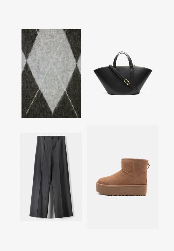 Tissu tricoté gris avec un motif en losanges gris clair. Texture douce avec un aspect légèrement duveteux et des coutures blanches contrastantes.; Pantalon large en tissu gris foncé, avec une fermeture à bouton, des plis avant et des passants de ceinture. Texture lisse avec un design ajusté.; Bottine en suède tan avec une semelle plate-forme, un bout arrondi et des accents de couture ; elle est dotée d'une languette à l'arrière pour un enfilage facile.; Sac fourre-tout en cuir noir avec une forme large et angulaire. Équipé de doubles poignées supérieures et d'une bandoulière réglable avec un accent en métal doré.