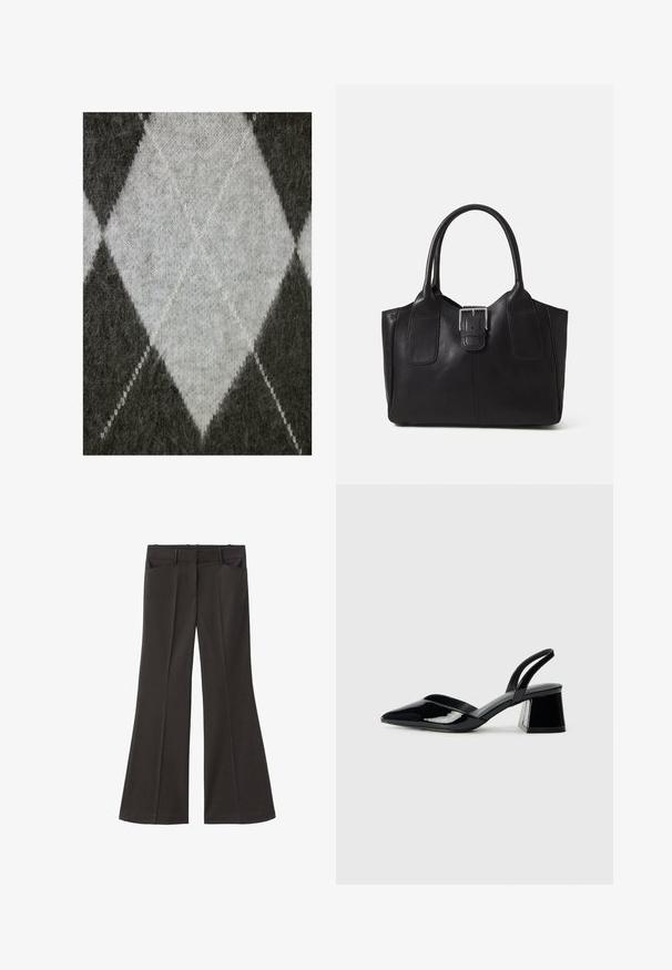 Harsoharmaa neulekangas, jossa on vaaleanharmaa timanttikuvio. Pehmeä rakenne, joka näyttää hieman karvaiselta, sekä erottuva valkoinen ommel.; Mustat vyötäröltä korkealla loistavat housut; niissä on kaksi etutaskua ja sileä kangaspinta. Sopii eri tilaisuuksiin.; Mustat patentoitu nahkakengät, joissa on säären takaosa ja terävä kärki, sekä geometrinen palikkakorko. Sisältää tyylikkään, minimalistisen muotoilun ja sileän pinnan.; Musta nahkainen olkalaukku, jossa on sileä pinta, ryhdikäs muoto, kaksi kahvaa ja silmienpistävä hopeinen solkiyksityiskohta edessä.