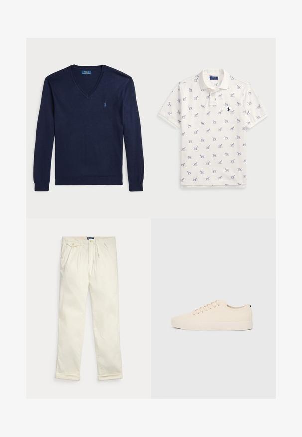 Tumši zilas krāsas v-veida džemperis, izgatavots no mīksta adījuma auduma. Iespējas garas piedurknes un izšūta logo kreisajā krūtī. Klasisks dizains.; Balta polo krekls, kas izgatavots no kokvilnas, ar atkārtotu zilu suņu rakstu un mazu zilu logo uz krūšu daļas. Īsas piedurknes un apkakle.; Krēmkrāsas kordurojas bikses ar bantiem, sānu kabatām, kabatu ar aizpogājamu atloku un salocītām aprocēm, novietotas uz balta fona.; Bežīgas kanvas kedas ar apaļu purngalu, plakanu gumijas zoli un auklām priekšā. Ir minimālisma dizains un kontrastējoša melna akcenta detaļa uz papēža.