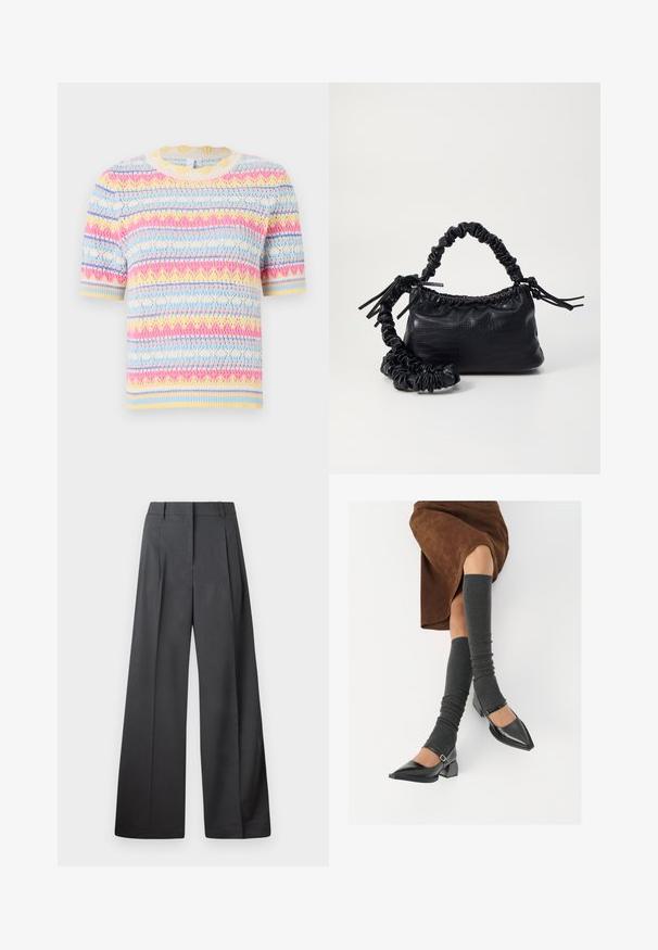 Pullover a maniche corte a maglia con un motivo multicolore composto da strisce blu, rosa, giallo e crema. Collo rotondo e finitura texturizzata.; Pantaloni a gamba larga in tessuto grigio scuro, con vita alta, pieghe singole e una texture liscia con una finitura pulita sui orli.; Scarpe nere in pelle verniciata con punta affilata, tacco a blocco e cinturino alla caviglia, abbinate a scaldamuscoli grigi a coste e una gonna in suede marrone.; Borsa a tracolla in ecopelle nera con texture a coccodrillo, apertura cinchata e tracolla arricciata. Si presenta con un design morbido e compatto.
