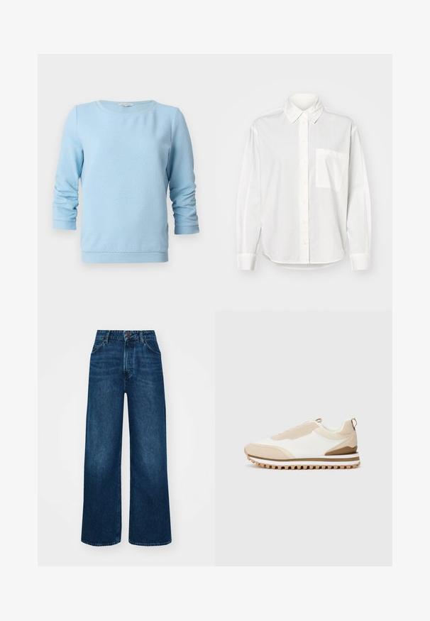 Light blue textured knit sweater with long sleeves, crew neckline, and ribbed cuffs and hem. The design features a subtle honeycomb pattern.; White long-sleeve shirt with a button-down collar, front button closure, and a left chest pocket. Made of smooth fabric with a relaxed fit.; High-waisted, wide-leg jeans in dark blue denim with a smooth texture, contrast stitching, and five-pocket design. Front button closure.; Beige and white low-top sneaker with textured sole and pull tab at heel, displayed on a plain light background, side view.