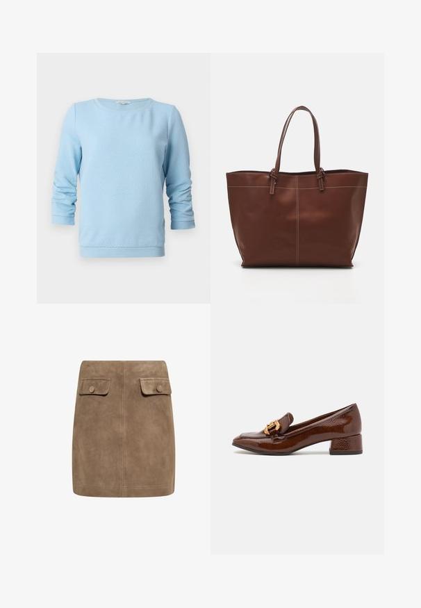 Helleblaue strukturierte Strickjacke mit langen Ärmeln, Rundhalsausschnitt und gerippten Bündchen und Saum. Das Design weist ein dezentes Wabenmuster auf.; Brauner Wildleder-Minirock mit glatter Textur, ausgestattet mit zwei vorderen Klappentaschen und Druckknopfverschlüssen an beiden Seiten. Schlichtes, gerades Design.; Braune Lederloafers mit glänzender Oberfläche, ausgestattet mit einer dekorativen goldenen Schnalle an der Vorderseite und einem niedrigen Blockabsatz. Klassisches Design.; Braune Leder-Umhängetasche mit doppelten Griffen, verfügt über eine kontrastierende Naht und ein geräumiges Design, das sich für den täglichen Gebrauch eignet.