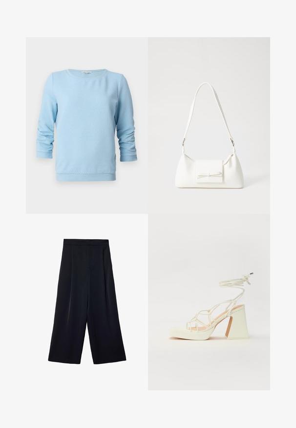 Svetloružový pletený sveter s dlhými rukávmi, okrúhlym výstrihom a rebrovanými manžetami a spodným lemom. Dizajn obsahuje jemný vzor včelích plástov.; Široké čierne nohavice vyrobené z ľahkého materiálu. Majú skladaný predok, vysoký pás a voľný strih okolo nôh.; Biele sandále na vysokom opätku s hrubým podpätkom, s pruhovaným dizajnom a viazaním na členku. Hladký povrch s platformou vpredu pre zvýšenú výšku.; Biela syntetická kabelka s trojuholníkovým tvarom, plochým predným klapkou a detailom mašle, nastaviteľným popruhom, hladkou textúrou a minimalistickým dizajnom.