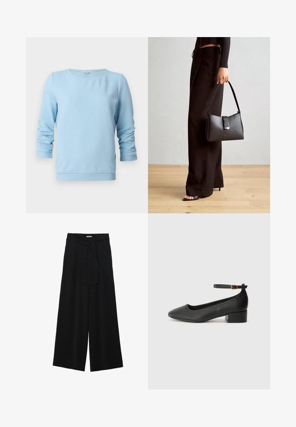 Světle modrý pletený svetr s dlouhými rukávy, kulatým výstřihem a žebrovanými manžetami a spodním lemem. Design obsahuje jemný vzor včelí plástve.; Černé kalhoty s širokými nohavicemi, vyrobené z texturované tkaniny, s elastickým pasem a odnímatelným páskem na úpravu velikosti.; Černé kožené lodičky s špičatou špičkou a nízkým blokovým podpatkem. Obsahují pásek kolem kotníku se zlatou sponou. Hladký povrch.; Černá kabelka se strukturovaným tvarem, hladkým povrchem a kovovým uzávěrem. Kombinována s širokými černými kalhotami a sandály s otevřenou špičkou na dřevěné podlaze.