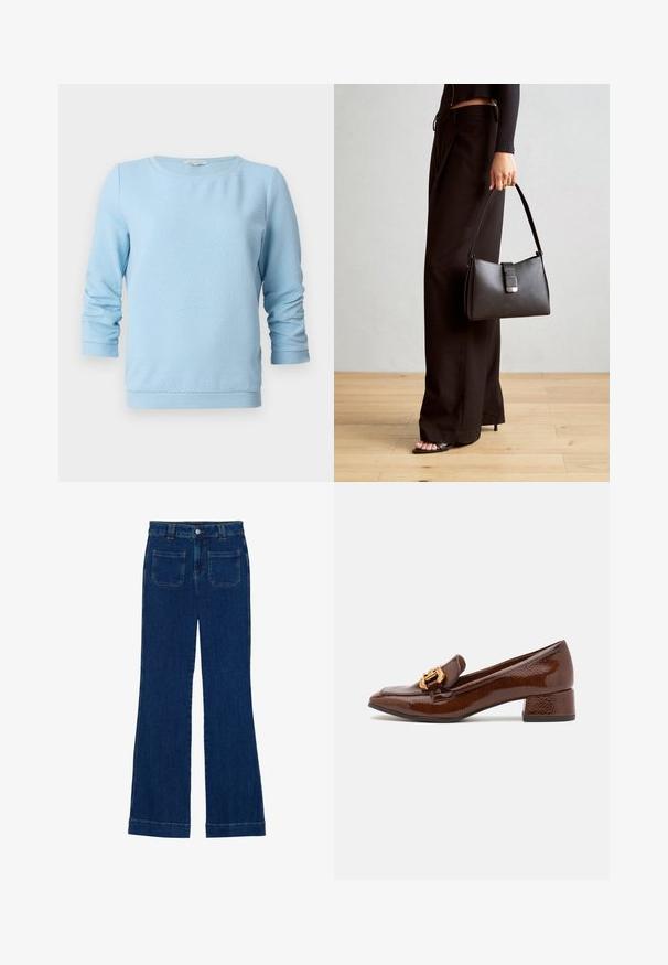 Pull en maille texturée bleu clair avec des manches longues, col rond, et bords côtelés aux poignets et à l'ourlet. Le design présente un motif en nid d'abeille subtil.; Jean flare en denim bleu foncé avec une texture lisse, design à cinq poches et fermeture à bouton à la taille.; Mocassins en cuir marron avec une finition brillante, dotés d'une boucle décorative en or à l'avant et d'un talon bas. Design classique.; Sac à main noir à la forme structurée, texture lisse et fermoir métallique. Associé à un pantalon noir ample et des sandales ouvertes sur un sol en bois.