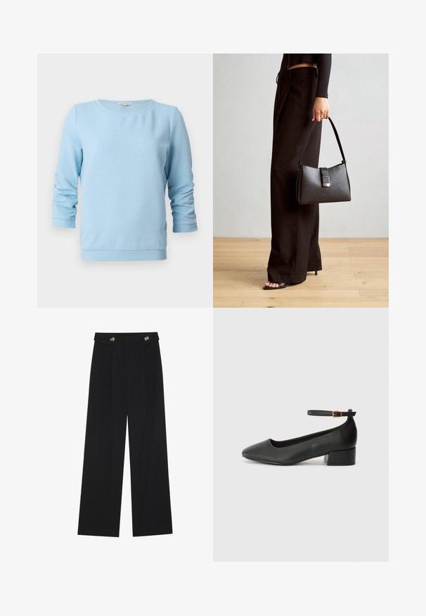 Világos kék texturált kötött pulóver hosszú ujjal, kerek nyakkivágással, bordás mandzsettákkal és aljjal. A dizájn finom méhsejt mintával rendelkezik.; Fekete, bő szárú nadrág magas derékkal, gombos részletekkel a derékrészen és elülső pliszékkal.; Fekete bőr magassarkú cipő hegyes orral és alacsony tömb sarkal. Bokapánttal rendelkezik, aranyszínű csattal. Simább textúra.; Fekete kézi táska strukturált formával, sima textúrával és fémből készült záródással. Széles fekete nadrággal és nyitott orrú szandállal párosítva, fából készült padlón.