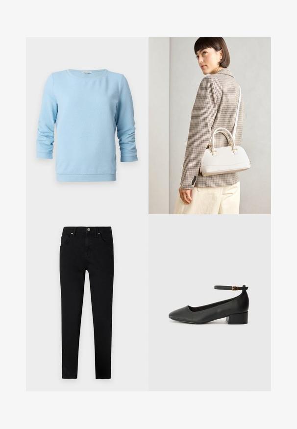 Svetloružový pletený sveter s dlhými rukávmi, okrúhlym výstrihom a rebrovanými manžetami a spodným lemom. Dizajn obsahuje jemný vzor včelích plástov.; Čierne denimové džínsy so slim fit strihom, s predným zapínaním na gombík, pútkami na opasok a klasickým dizajnom s piatimi vreckami. Hladká textúra.; Čierne kožené lodičky s špicatou špičkou a nízkym blokovým podpätkom. Obsahuje remienok okolo členka so zlatým prackou. Hladký povrch.; Biela štruktúrovaná kabelka s krátkymi rúčkami a ramenným popruhom, s zlatými kovovými prvkami a textúrovaným materiálom, vystavená na šedom pozadí.