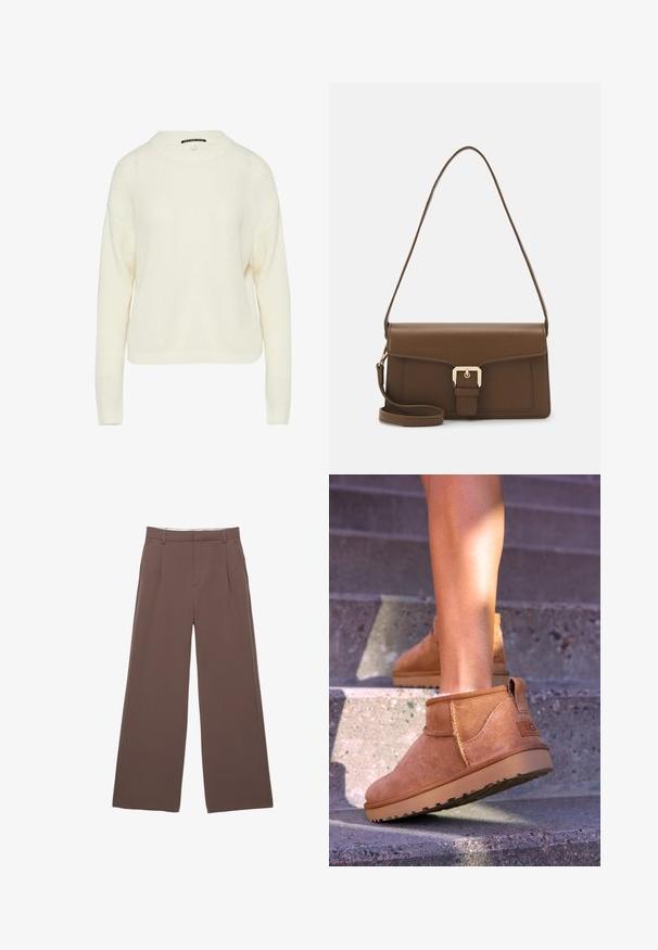 Pull en tricot couleur crème avec un col rond, des épaules tombantes et une texture côtelée. Il a des manches longues et une coupe droite.; Pantalon large en tissu marron uni, avec une texture lisse, des plis à l'avant et une taille ajustée. Pas de logos ni de motifs visibles.; Bottines en suede beige avec une texture douce, des détails cousus et une semelle en caoutchouc, dotées d'un talon en boucle pour un enfilage facile.; Sac à main en cuir marron de forme rectangulaire, avec un rabat à l'avant, des accessoires en or et une longue sangle réglable.