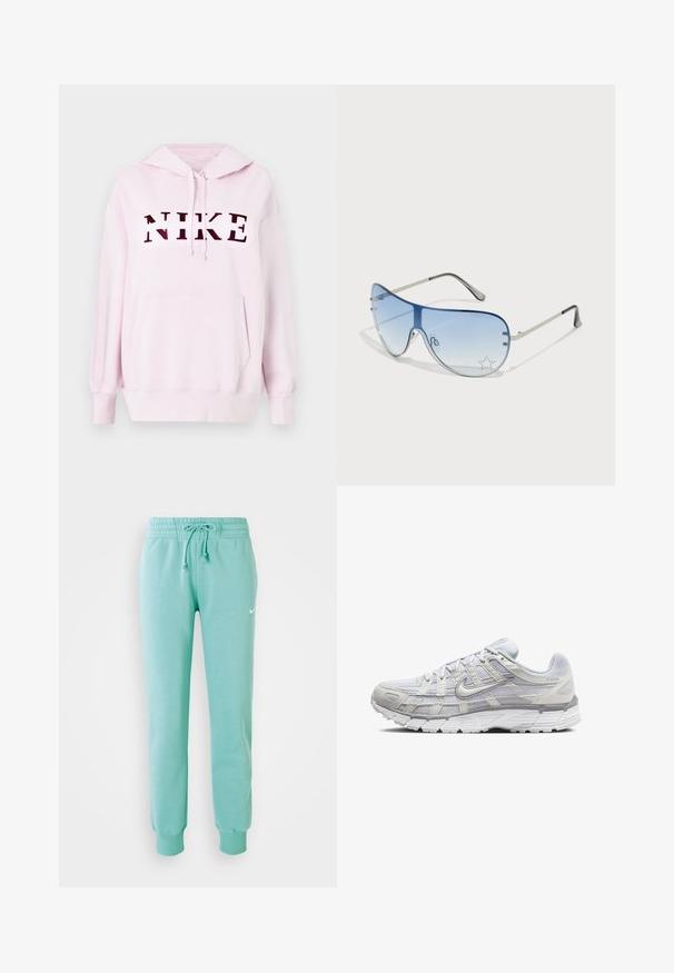 Sweatshirt rosa com um bolso tipo canguru e capuz com cordão. Apresenta um ousado logótipo "NIKE" em vermelho escuro atravessando a parte da frente. Textura de tecido suave.; Calças de moletão verde menta com uma cintura elástica, cordão e punhos canelados. Apresenta um pequeno logotipo branco da Nike na coxa esquerda.; Sapatos atléticos cinza claro com parte superior em malha e sintético, apresentando um fecho de cordões, colarinho acolchoado e sola texturizada para aderência.; Óculos de sol aviador com lentes azuis em degradê, armação metálica prateada e detalhes decorativos de estrelas nas lentes. Design suave e elegante.