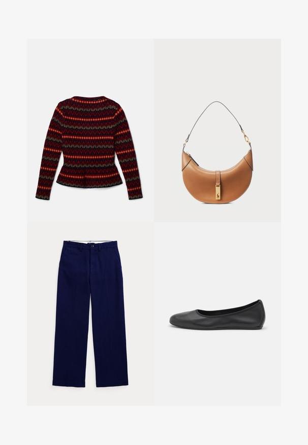 Ilgų rankovių peplum stiliaus megztinis su raudona, juoda ir kremine geometrine raštu. Pagamintas iš minkštos medžiagos, turi apvalų iškirpimą ir prigludusį siluetą.; Tamsiai mėlynos tiesaus kirpimo kelnių su diržo kilpomis, mygtuko uždarymu ir šoninėmis kišenėmis ant vienodos šviesios fono.; Juodai odiniai baletai su apvaliu pirštu, lygi texture, minimalus siuvimo detales ir lanksčiu padų dizainu.; Šviesiai rudos odos rankinė su kreiva forma, auksiniais aksesuarais ir plonu petiniu diržu. Yra užtrauktuko uždarymas ir logotipo detalė priekyje.
