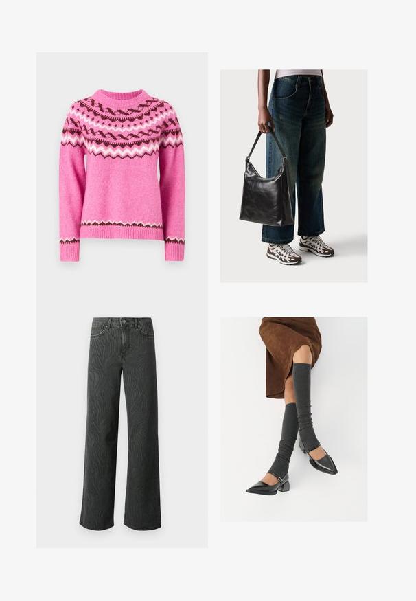ONLY ONLISLE LIFE O NECK - Džemperis - super pink/syrah/cloud dancer; Platus džinsai tamsiai pilkoje denimo medžiagoje, su subtiliu zebro rašto tekstūra, kontrastinėmis siūlėmis ir penkių kišenių dizainu su mygtukiniu užsegimu.; Juodi lakuoti odiniai batai su aštriu kuma ir bloko kulnu, derinami su pilkais riebiais kojų šildytuvais ir rudais zomšiniais sijonais.; Juodas odinis peties krepšys su lygiu paviršiumi ir reguliuojama dirželiu, derinamas su nublukusiais plačiapurčiais džinsais ir sportiniais batais.