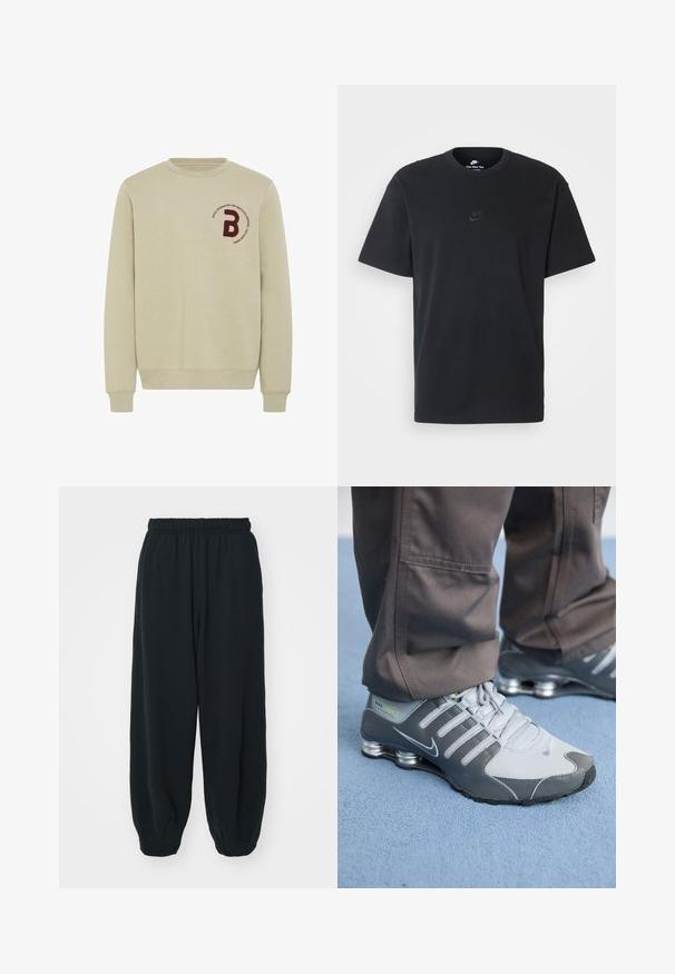 Beige sweatshirt met een ronde hals, lange mouwen en geribbelde manchetten. Beschikt over een bordeauxrode geborduurde letter 'B' en een ronde tekstdetail.; Zwarte katoenen t-shirt van Nike met een klassieke ronde hals, korte mouwen en een subtiele, reliëflogo op de borst. Gladde textuur.; Zwarte, elastiche sweatpants met een losse pasvorm, manchetten aan de enkels, een zachte textuur en zonder zichtbare patronen of hardwareaccenten.; Grijze en zilveren Nike Shox sneakers hebben een strakke uitstraling, met een combinatie van mesh en synthetische materialen, een ronde neus en een gevoerde kraag.