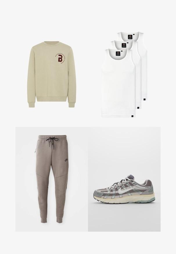 Bēšs džemperis ar apaļu kakla izgriezumu, garām piedurknēm un ribota tipa aprocēm. Iezīmēts ar bordo izšūtu burtu 'B' un apļa tekstu.; Trīs baltas ribotas krūšturi, kas izgatavoti no kokvilnas. Iezīmēti ar apaļu kakla izgriezumu un maziem melniem etiķetēm tuvu apakšmalai. Pieejami vairākos izmēros.; Pelēki Nike sporta bikses ar aukliņu viduklī, sašaurinātiem galiem, sānu kabatām un izteiktām šuvēm. Mīksta, teksturēta auduma.; Pelēkie sporta apavi ar tīkla un zamša augšdaļu, baltiem akcentiem, mīkstinātu zoli un izcilu dizainu ar atstarotājiem.