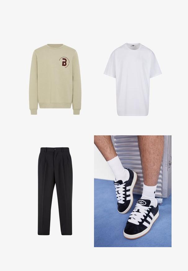 Hanorac bej cu guler rotund, mâneci lungi și manșete ribbate. Prezintă o literă 'B' brodă din bordeaux și un detaliu textual circular.; Tricou alb din bumbac cu mâneci scurte, decolteu rotund, croială lejeră și fără logo-uri sau modele vizibile. Textură netedă și design minimalist.; Pantaloni negri cu un design față plisată, fabricați dintr-un material neted. Prezintă un închidere cu nasture și brâuri; croială dreptă.; Adidași negri din suede cu șireturi albe și trei dungi albe. Au un logo circular negru pe limbă și o talpă din cauciuc de tip gumă.
