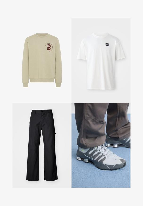 Beige sweatshirt met een ronde hals, lange mouwen en geribbelde manchetten. Beschikt over een bordeauxrode geborduurde letter 'B' en een ronde tekstdetail.; Witte katoenen t-shirt met korte mouwen en een ronde hals; heeft een klein zwart rechthoekig Nike Air logo op de linkerkant van de borst.; Zwarte, wijde broek gemaakt van duurzaam materiaal. Voorzien van een knoopsluiting en zijzakken. Glad textuur met een strakke uitstraling.; Grijze en zilveren Nike Shox sneakers hebben een strakke uitstraling, met een combinatie van mesh en synthetische materialen, een ronde neus en een gevoerde kraag.