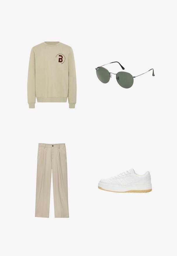 Beige színű pulóver, kerek nyakkivágással, hosszú ujjal és bordázott mandzsettával. Jellemzője egy bordó hímzett 'B' betű és egy kör alakú szöveges részlet.; Beige egyenes szárú nadrág, egy fekete gombbal, övhurkokkal és oldalzsebekkel. Sima szövettextúra és minimális design.; Fehér bőr sneaker, texturált felülettel, gumitalppal, fűzős kialakítással és diszkrét csíkozással az oldalakon.; Fémkeretes napszemüveg ovális zöld lencsékkel. Vékony ezüst színű fémkeret és fekete fülrész. Minimalista dizájn, látható logók nélkül.