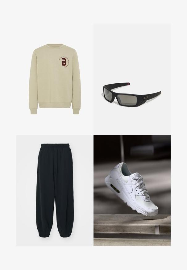 Felpa beige con colletto rotondo, maniche lunghe e polsini a costine. Presenta una lettera 'B' ricamata in bordeaux e un dettaglio testuale circolare.; Pantaloni da jogging neri con vita elasticizzata, dalla vestibilità morbida, caviglie a costina, texture liscia e senza motivi visibili o dettagli in metallo.; Sneaker Nike Air Max 90 bianco con tomaia in mesh e pelle, punta forata e un'unità air visibile nel tallone.; Occhiali da sole neri con finitura opaca, lenti rettangolari, leggero curvatura sulle tempie, dettaglio logo discreto e lenti color fumo.