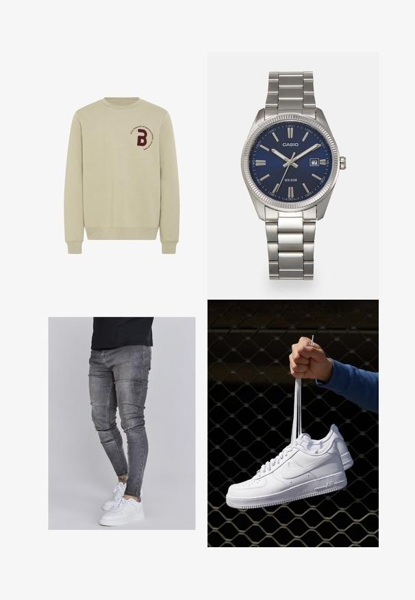 Beige Sweatshirt mit Rundhalsausschnitt, langen Ärmeln und gerippten Bündchen. Verfügt über einen bestickten maroonfarbenen Buchstaben 'B' und ein kreisförmiges Textdetail.; Schlanke Jeans aus ausgebleichtem grauem Denim, mit abgenutzten Details an den Knien, kombiniert mit weißen Sneakers. Glatte Textur, schlanker Schnitt.; Weiße Leder-Sneaker mit Perforationen, runder Zehenpartie, flacher Sohle und dicken Schnürsenkeln, mit sichtbar eingesticktem Swoosh-Logo und "AIR" an der Ferse.; Silberner Armbanduhr aus Edelstahl mit einem dunkelblauen Zifferblatt, metallischen Stundenmarkierungen und einem Datumsfenster bei 3 Uhr. Wasserdicht bis 50 Meter.