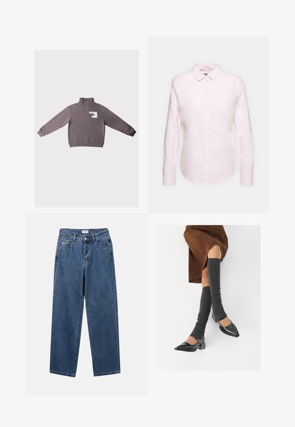 Brahns garais piedurkņu pulovers ar ceturtdaļas rāvējslēdzēju un balto tekstu "COLOURFUL REBEL" kreisajā krūtī.; Gai rozā garām piedurknēm krekls ar pogājamu apkakli, ar taisnu apakšmalu un mīkstu tekstūru, izgatavots no viegla kokvilnas auduma.; Klasiskie zili džinsi ar taisnu kāju dizainu, pieciem kabatām un pogu aizdari. Iezīmējas ar vidēju mazgāšanu un izturīgu tekstūru.; Melnas laka ādas apavi ar norādītu purngalu, blokveida papēdi un potīšu jostu, saskaņoti ar pelēkām ribotām kāju sildītājām un brūnu zamšādas svārku.