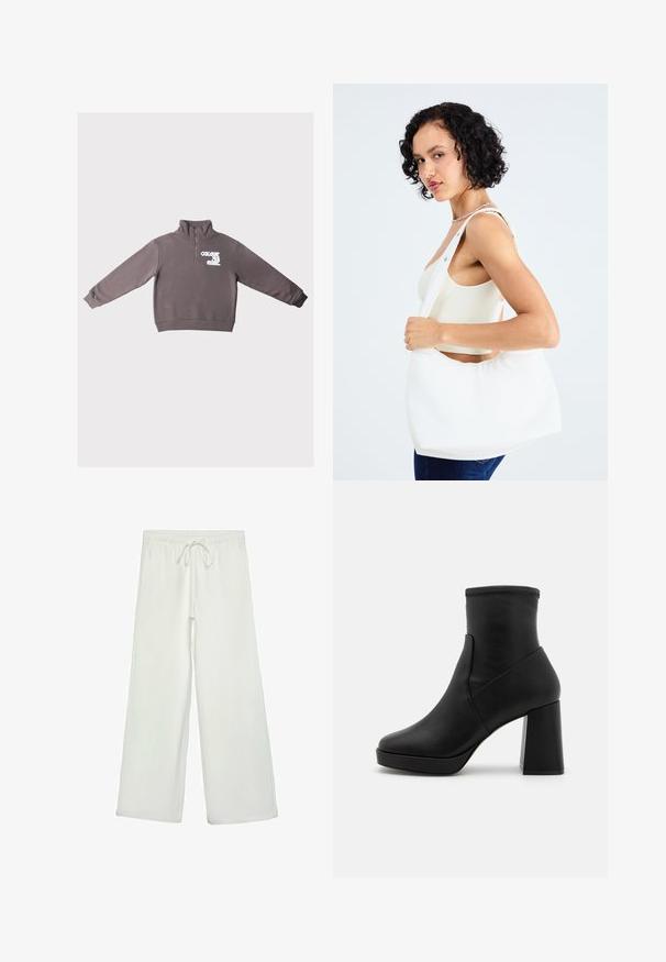 Hnedý dlhý rukáv pulóver s štvrťovým zipsom a bielym nápisom "COLOURFUL REBEL" na ľavej hrudi.; Biele nohavice s širokými nohavicami vyrobené z mäkkej tkaniny. Majú elastický pás s šnúrkou a hladký povrch. Žiadne viditeľné vzory ani kovania.; Čierna kožená členková čižma s vysokým blokovým podpätkom, hladkou textúrou a priliehajúcou vrchnou časťou. Má bezšvový dizajn bez viditeľných zapínaní.; Biely ramenný vak vyrobený z hladkého materiálu, s oválnym výrezom a širokým popruhom. Jednoduchý a moderný, bez viditeľného kovania.