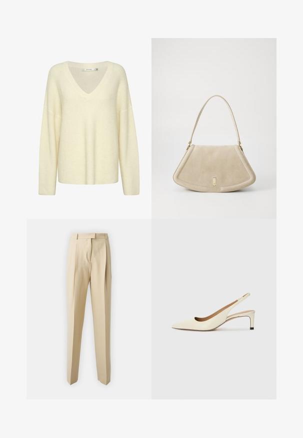Cremfarbener Strickpullover mit V-Ausschnitt, langen Ärmeln und lockerer Passform. Verfügt über ein strukturiertes Muster und weichen, dicken Stoff.; Beige maßgeschneiderte Hose mit geradem Schnitt, ausgestattet mit Falten, einem Bund und einer glatten Textur. Keine sichtbaren Taschen oder Verzierungen.; Spitz zulaufender Slingback-Schuh aus cremefarbenem Leder, ausgestattet mit einem niedrigen Absatz und einem ausgeschnittenen Design mit glatter Textur und minimalen Akzenten.; Beige Wildleder-Handtasche mit einer abgerundeten dreieckigen Form, einem einzelnen Riemen und einem goldfarbenen Hardware-Detail auf der Vorderseite.