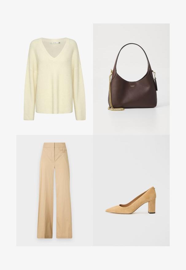 Krémový pletený sveter s výstrihom do V, dlhými rukávmi a voľným strihom. Má štruktúrovaný vzor a mäkkú, hrubú tkaninu.; Bežové nohavice so širokými nohavicami vyrobené z kombinácie bavlny. Majú hladkú textúru, elastický pás a detail s bočnými gombíkmi.; Béžové semišové lodičky na vysokom podpätku s špicatou špičkou a robustným blokovým podpätkom. Materiál má jemnú textúru s hladkým povrchom.; COACH BROOKLYN SHOULDER BAG 23 - Kabelka - maple