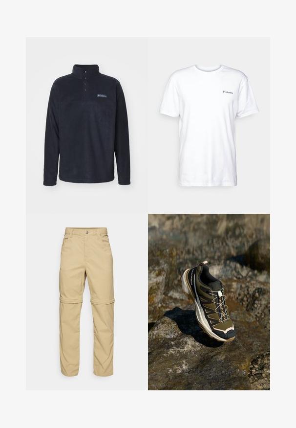 Columbia STEENS MOUNTAIN™ HALF SNAP - Felpa in pile - black; T-shirt bianco in cotone con maniche corte, colletto rotondo e un piccolo logo nero Columbia sul petto sinistro. Design semplice e morbido.; Pantaloni beige con zip-off, in tessuto morbido, dotati di due tasche laterali, chiusura con bottone e orli arrotolabili per maggiore versatilità.; Scarpe da escursionismo in verde oliva e nero con dettagli rosa. Presentano una parte superiore testurizzata, suola flessibile, puntale rinforzato e un vivace sistema di allacciatura.