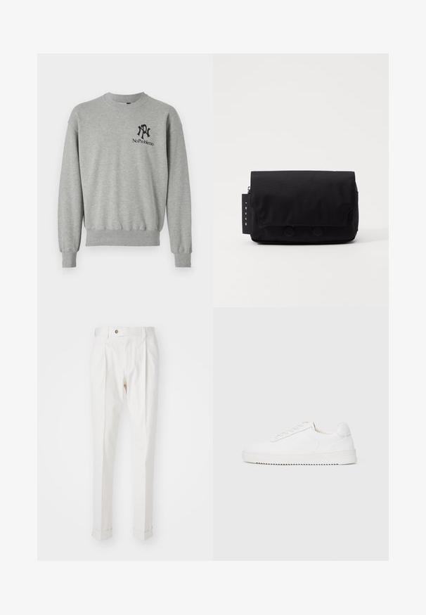 Gray sweatshirt with a crew neck, ribbed cuffs, and hem. Features black graphics: an "R" and "No Problemo" on the left chest area.; White, tailored trousers with a flat front, two pleats, and rolled cuffs. Made of a smooth fabric with a button closure at the waist.; White sneaker with a smooth leather upper, rounded toe, laces, textured side accents, and a thick rubber sole. Minimalist design.; Black messenger bag made of textured fabric. Features a flap closure with two circular buttons, zippered compartment, and a tag with brand name.