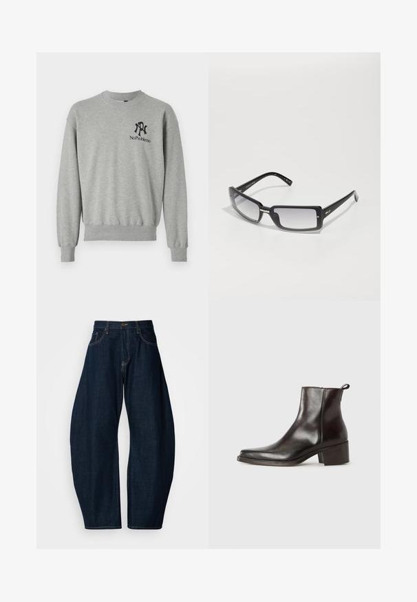 Sudadera gris con cuello redondo, puños y dobladillo acanalados. Presenta gráficos negros: una "R" y "No Problemo" en la zona del pecho izquierdo.; Vaqueros de mezclilla azul oscuro con un diseño de pierna ancha, que presentan costuras prominentes, cinco bolsillos y un cierre de botón de latón en la cintura.; Botín de cuero negro hasta el tobillo con tacón cuadrado, punta afilada, cremallera lateral y una pestaña en la parte trasera para ponérselo fácilmente. Textura suave.; Gafas de sol rectangulares negras con lentes degradados, con un marco grueso y detalles metálicos en las varillas. Textura suave en toda su superficie.