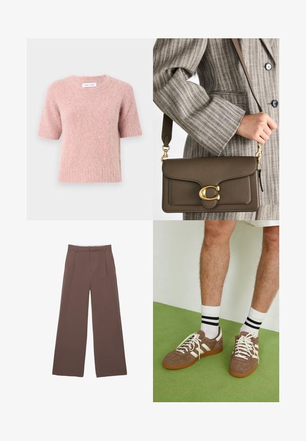 Samsøe Samsøe JEANNE - Strickpullover - woodrose; Weite Hosen aus einfarbigem braunem Stoff, mit einer glatten Textur, vorderen Falten und einem maßgeschneiderten Bund. Keine sichtbaren Logos oder Muster.; Braune Wildleder-Sneaker mit weißen Akzenten und Schnürsenkeln. Gummisohle in Kautschuk-Optik. Getragen mit weißen Socken, die schwarze Streifen haben. Grüner strukturierter Fußboden.; COACH TABBY SHOULDER BAG 26 - Handtasche - dark stone