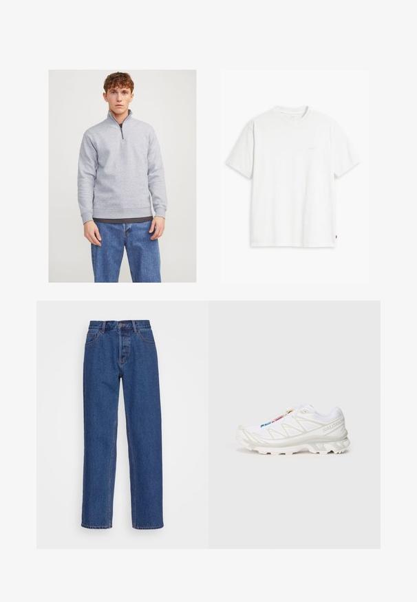 Harmaa puolivivahdettu huppari, joka on valmistettu pehmeästä kankaasta. Ominaisuuksiin kuuluvat ribattyt hihansuut ja helma, ja se on puettu tumman t-paidan ja sinisten farkkujen päälle.; Valkoinen puuvillapaita, jossa on lyhyet hihat, pyöreä pääntie ja hienovarainen Levi's-logo painettuna keskelle. Pehmeä kangas ja normaali istuvuus.; Siniset farkut, joissa on klassinen suora lahje, korkea vyötärö, vyölenkit ja huomaamattomat tikkausyksityiskohdat.; Valkoiset urheilukengät, joissa on teksturoitu verkkomateriaali, heijastavat yksityiskohdat ja pehmustettu pohja. Huomattava brändilogo sivussa.