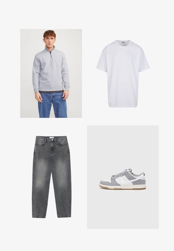 Felpa grigia con collo a mezza zip, realizzata in tessuto morbido. Presenta polsini e orlo a costine, indossata sopra una maglietta scura e jeans blu.; Maglietta bianca in cotone con maniche corte, scollatura rotonda, vestibilità comoda e senza loghi o motivi visibili. Texture liscia e design minimale.; Jeans a vita alta, dal taglio ampio in denim nero sbiadito. Presentano cinque tasche, passanti per cintura e un design dritto e pulito.; Sneaker grigia e bianca con tomaia in suede e pelle, punta arrotondata, lacci piatti e soletta in gomma con un accento color caramello.