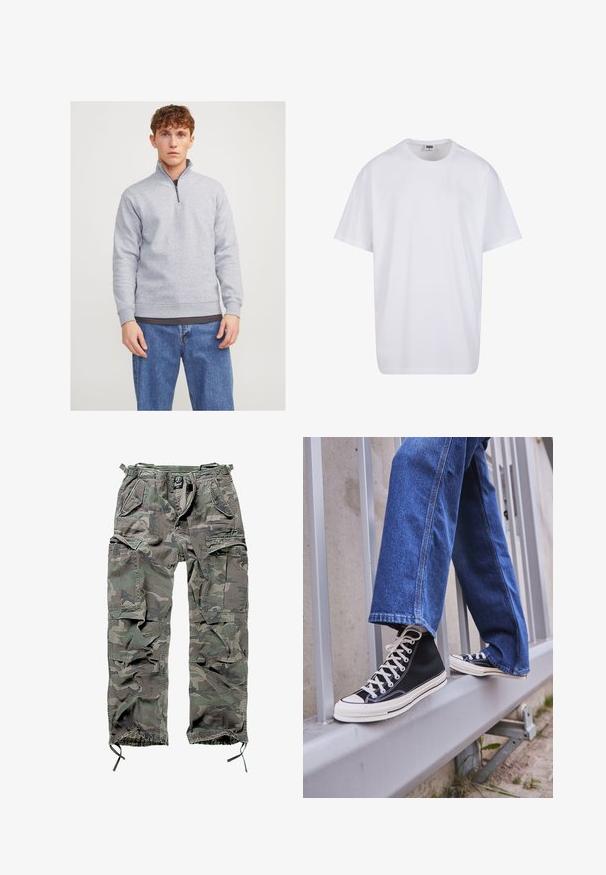 Sivi pulover s polu-zip ovratnikom, napravljen od mekog materijala. Ima rebraste manžetne i rub, nosi se preko tamne majice i plavih traperica.; Bijela pamučna majica s kratkim rukavima, zaobljenim izrezom, opuštenog kroja, bez vidljivih logotipa ili uzoraka. Glatka tekstura i minimalni dizajn.; Zelena i siva kamuflažna cargo hlače s više džepova, elastičnim pojasom, podesivim manžetama na gležnjevima i ležernim krojem.; Crne visoke tenisice s bijelim potplatom i vezicama, u kombinaciji s širokim plavim trapericama, naslonjene na sivi ogradu.