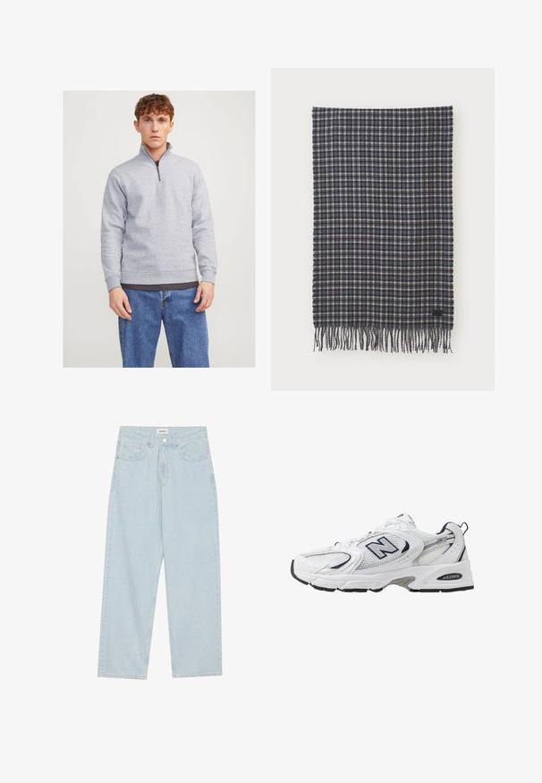 Felpa grigia con collo a mezza zip, realizzata in tessuto morbido. Presenta polsini e orlo a costine, indossata sopra una maglietta scura e jeans blu.; Jeans azzurri a gamba larga in denim, con vita media, cinque tasche e chiusura con bottone accompagnata da un sottile accento metallico.; Scarpa sportiva bianca con tomaia in mesh, dettagli in blu marino e suola imbottita. Presenta il logo "N", lacci e dettaglio texturizzato sul lato.; Sciarpa in lana intrecciata in plaid blu scuro e crema, con bordo frangiato e un piccolo etichetta nera come dettaglio. Texture morbida con forma rettangolare.